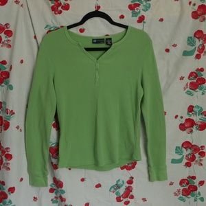 Bright green waffle knit shirt.